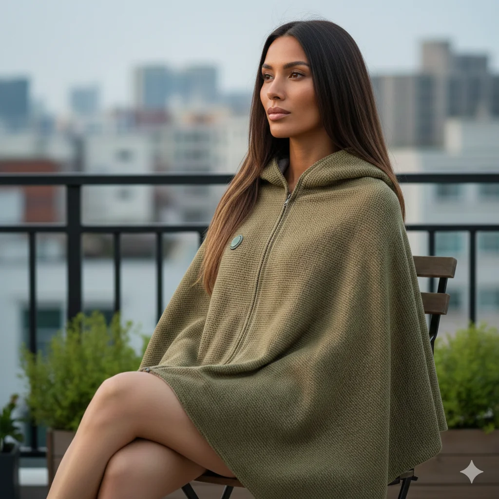 Olive Comfort heated blanket poncho with zip closure shown for secure fit