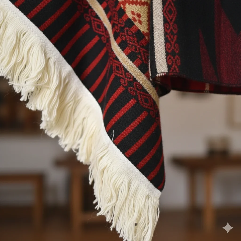 Close-up of Tribal Naranja Mexican poncho knit texture and pattern