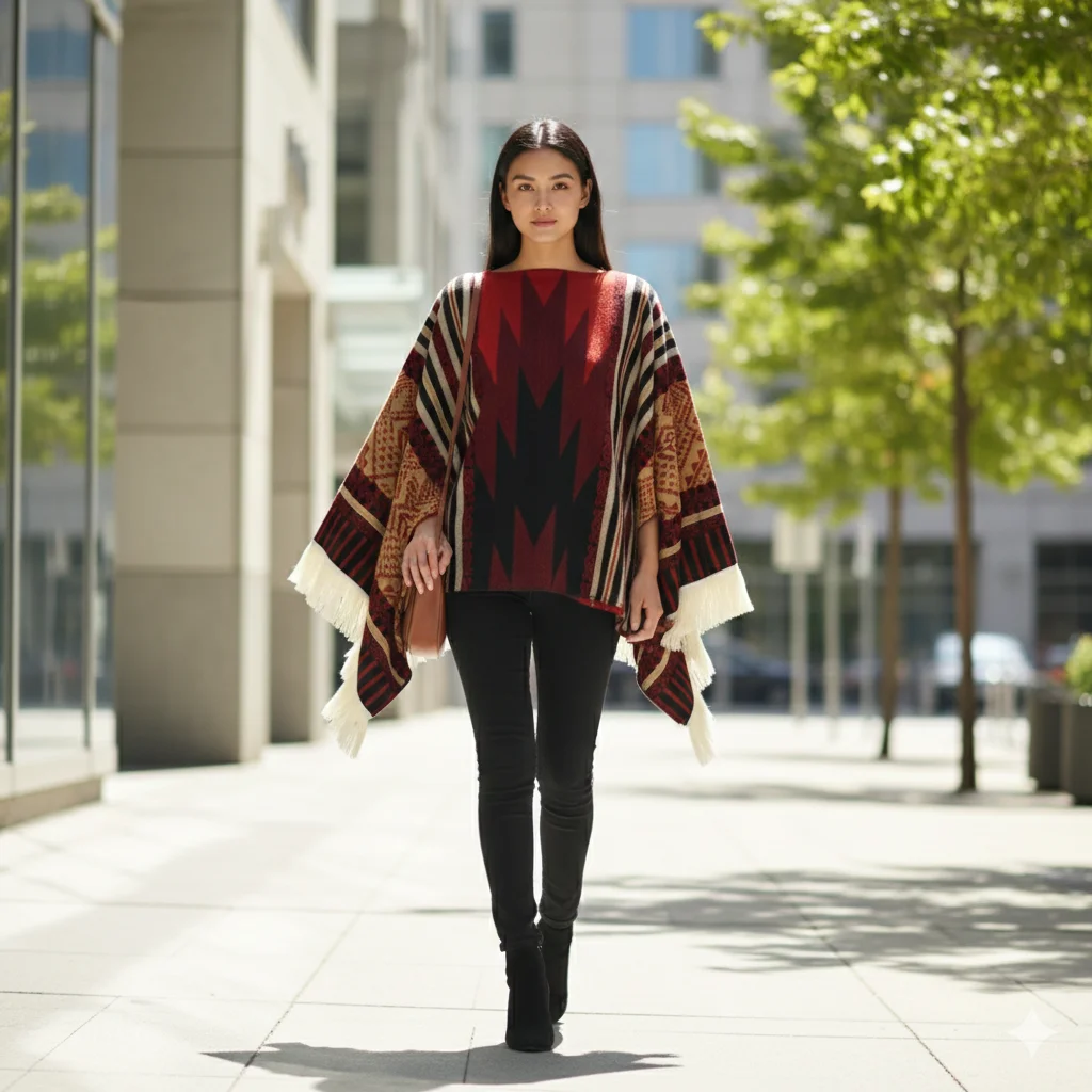 Tribal Naranja Mexican poncho showing generous drape and coverage
