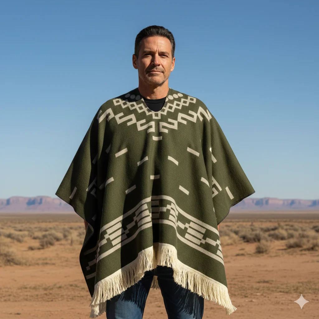 Mexican poncho Verde Vivo worn outdoors, Clint Eastwood inspired style