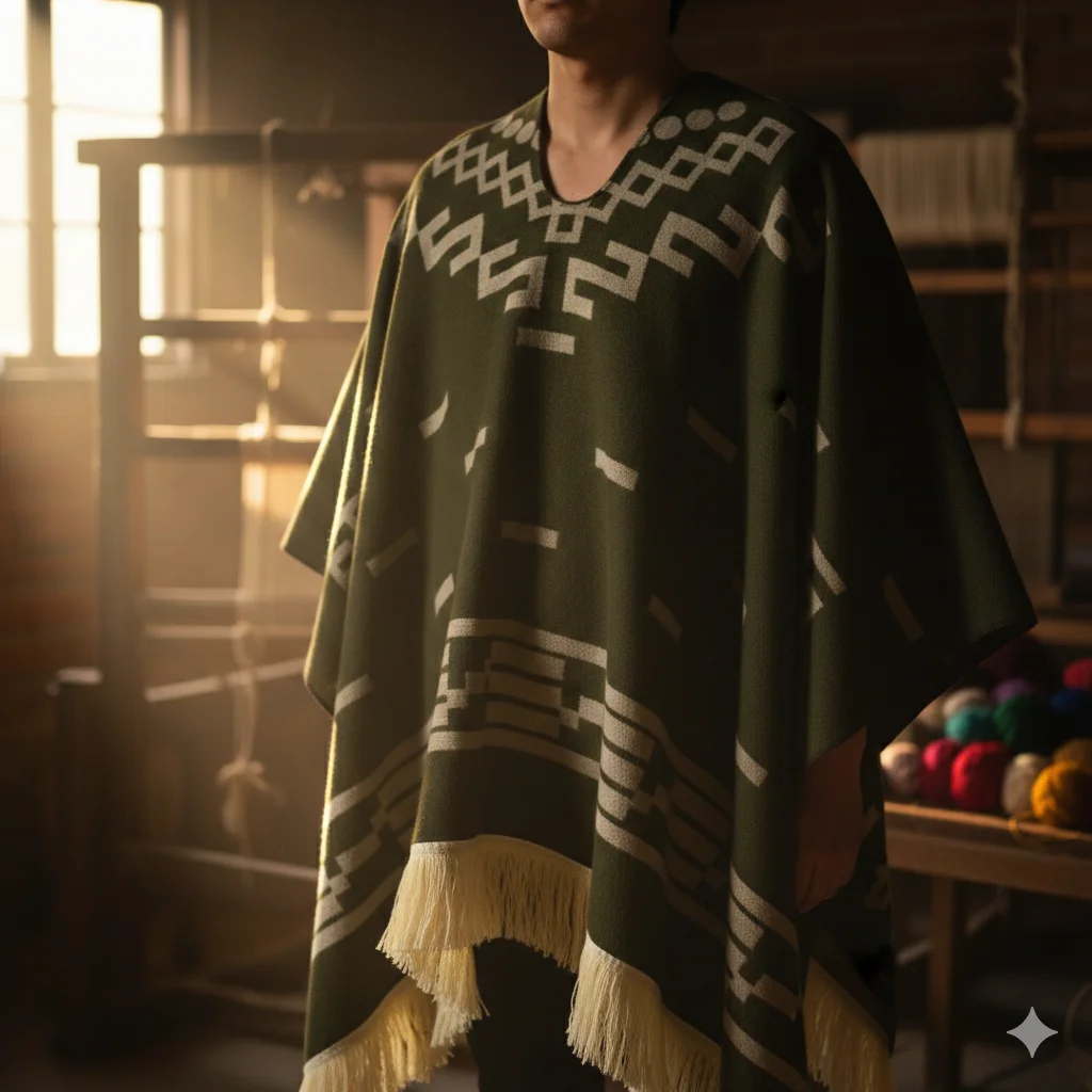 Mexican poncho Verde Vivo drape and generous 150x130cm coverage