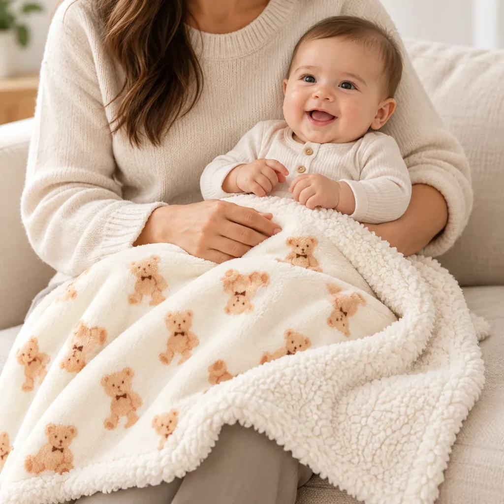 Parent holding an awake baby with the LittleNest beige teddy fleece blanket across their lap
