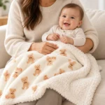 Parent holding an awake baby with the LittleNest beige teddy fleece blanket across their lap