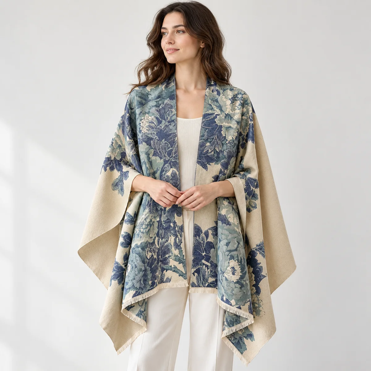 BloomWrap women's floral poncho shawl — blue