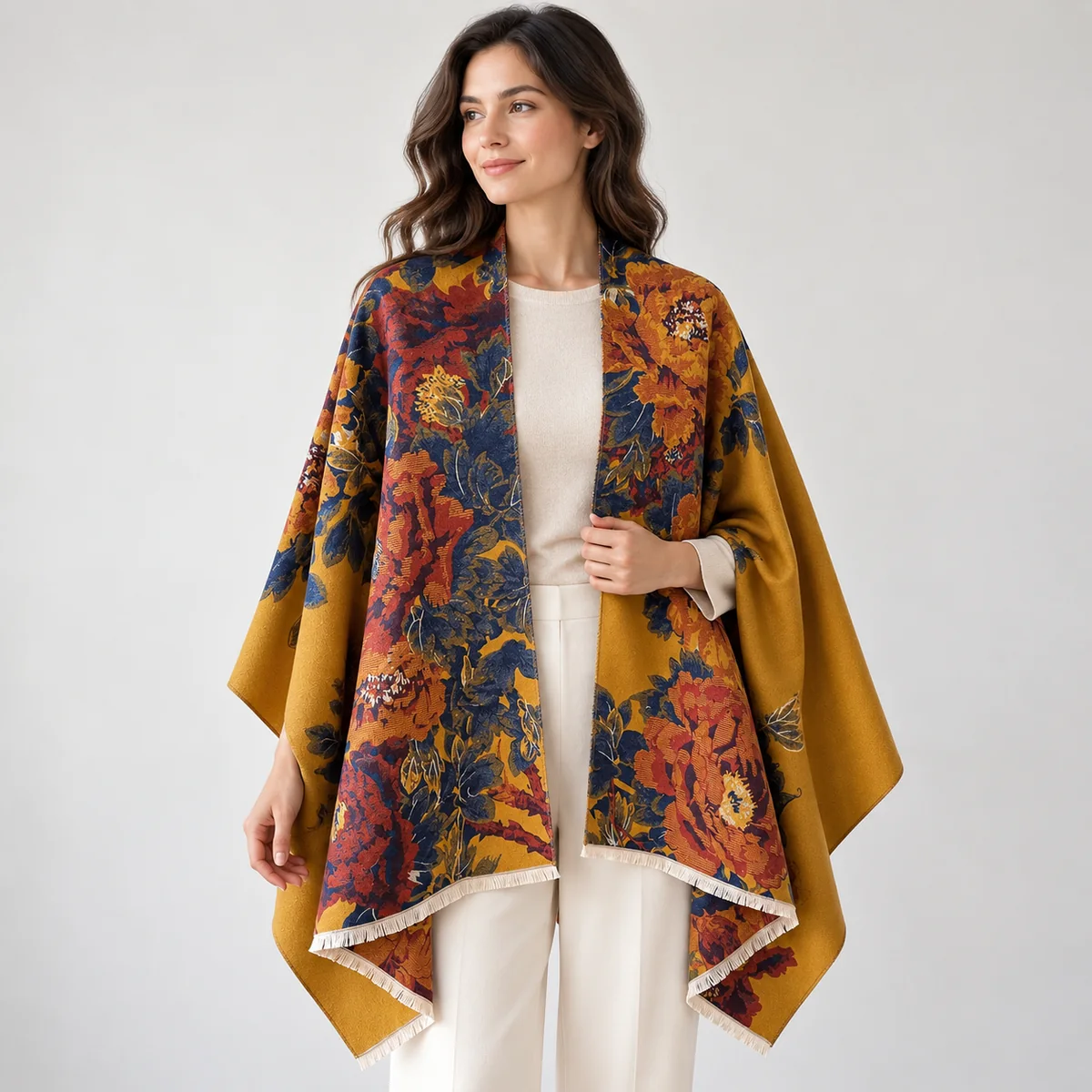 BloomWrap women's floral poncho shawl — gold
