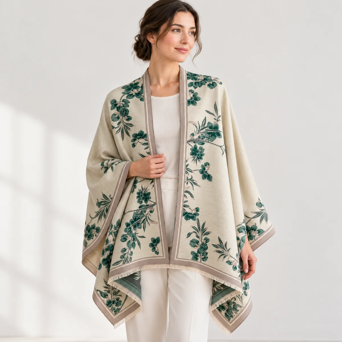 BloomWrap women's floral poncho shawl — green