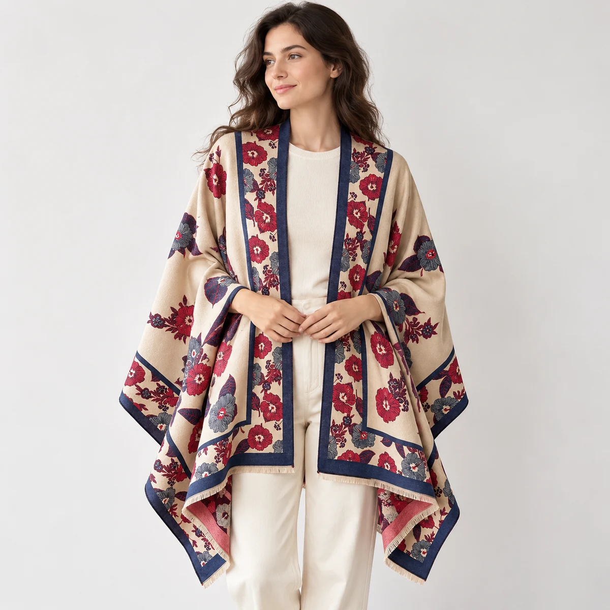 BloomWrap women's floral poncho shawl — red