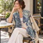 Blue BloomWrap floral shawl draped over a woman's shoulders on a cafe terrace