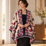 Red BloomWrap floral poncho shawl worn over an evening outfit