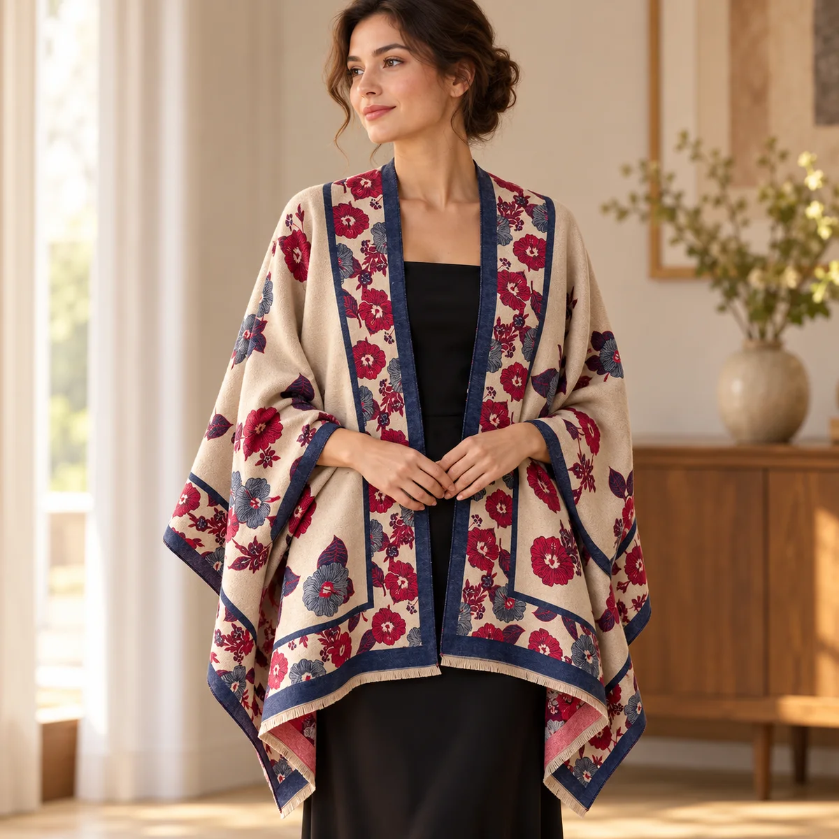 Red BloomWrap floral poncho shawl worn over an evening outfit
