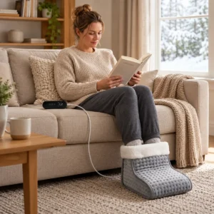 Adult reading with both feet in the FootNest electric foot warmer
