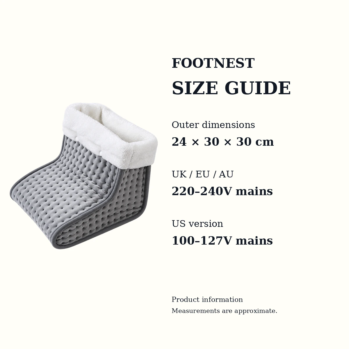 FootNest grey electric foot warmer size and fit guide