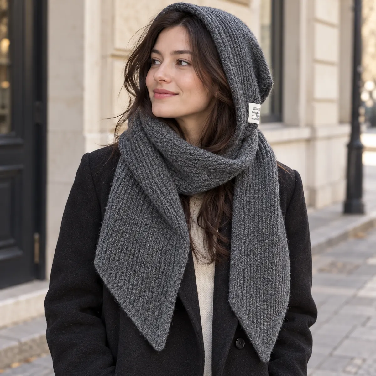 FrostHood knitted hooded scarf — grey