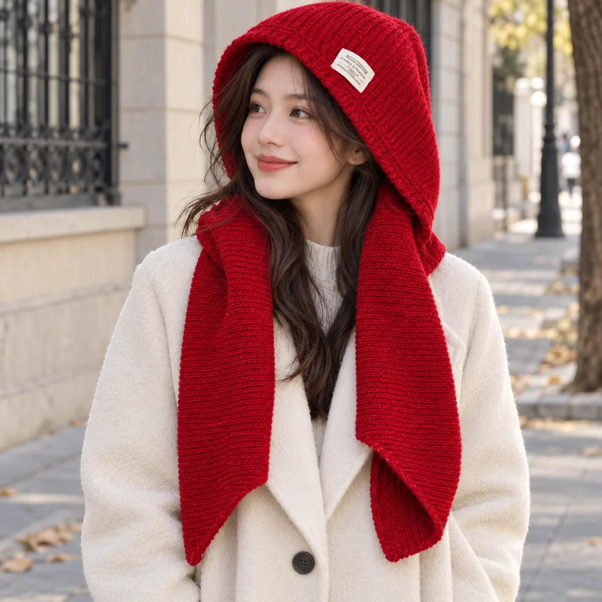 FrostHood knitted hooded scarf — red