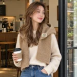 FrostHood khaki knitted scarf worn with the hood down at a cafe