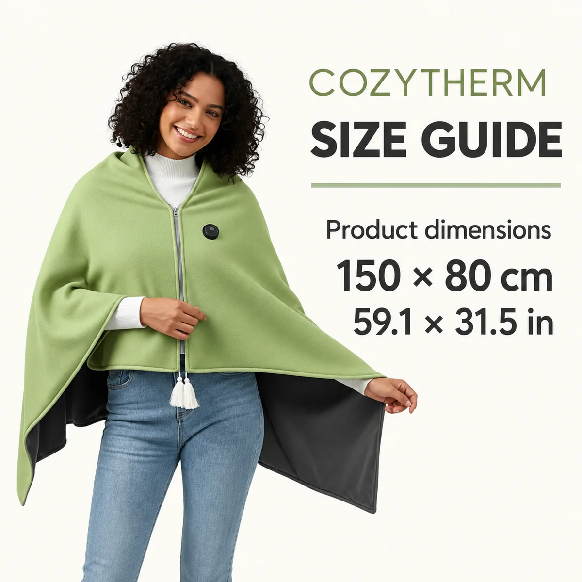 Heated Poncho CozyTherm – Wearable USB Heated Cape for Cold Days — product dimensions guide