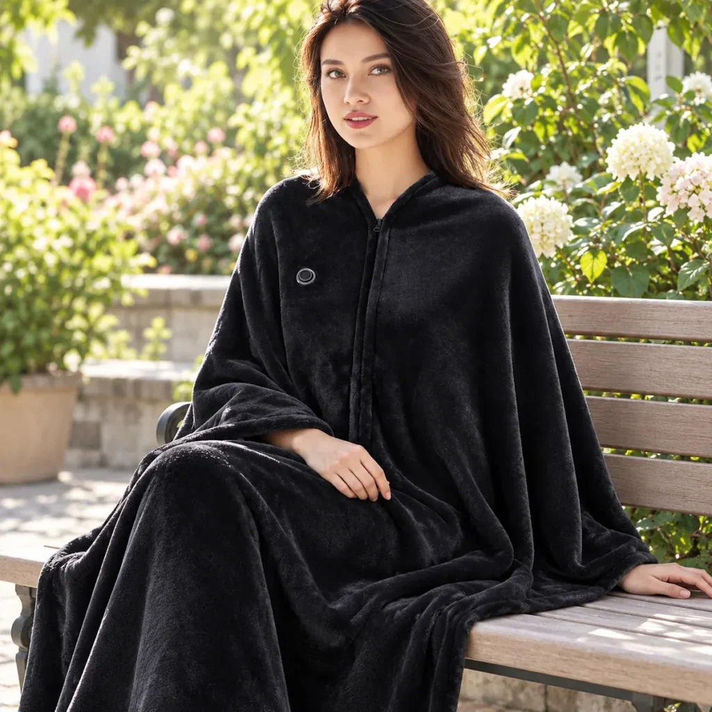 NightCozy heated wearable blanket worn while seated