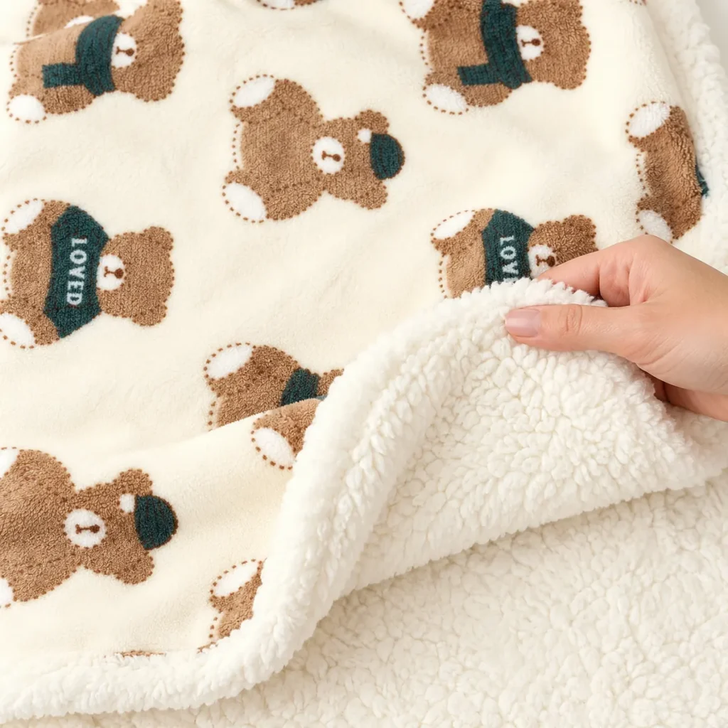 Close-up of the LittleNest Green Bear printed flannel face and white fleece reverse