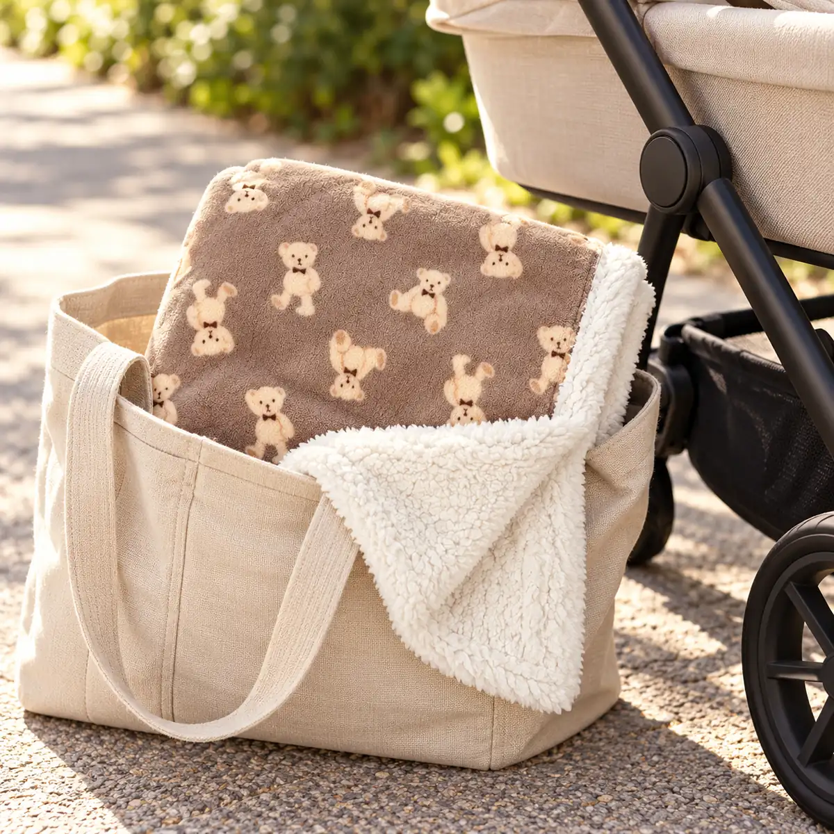 Folded LittleNest Coffee Bear baby blanket in a changing bag beside a stroller