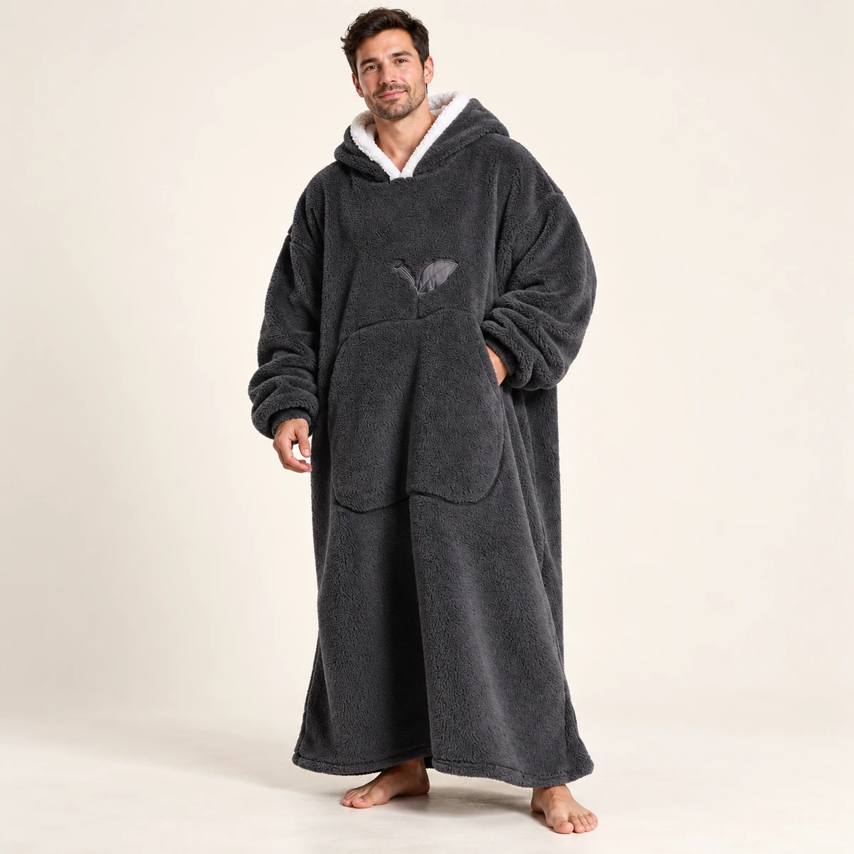 LongLounge extra long blanket hoodie in black — full length front view