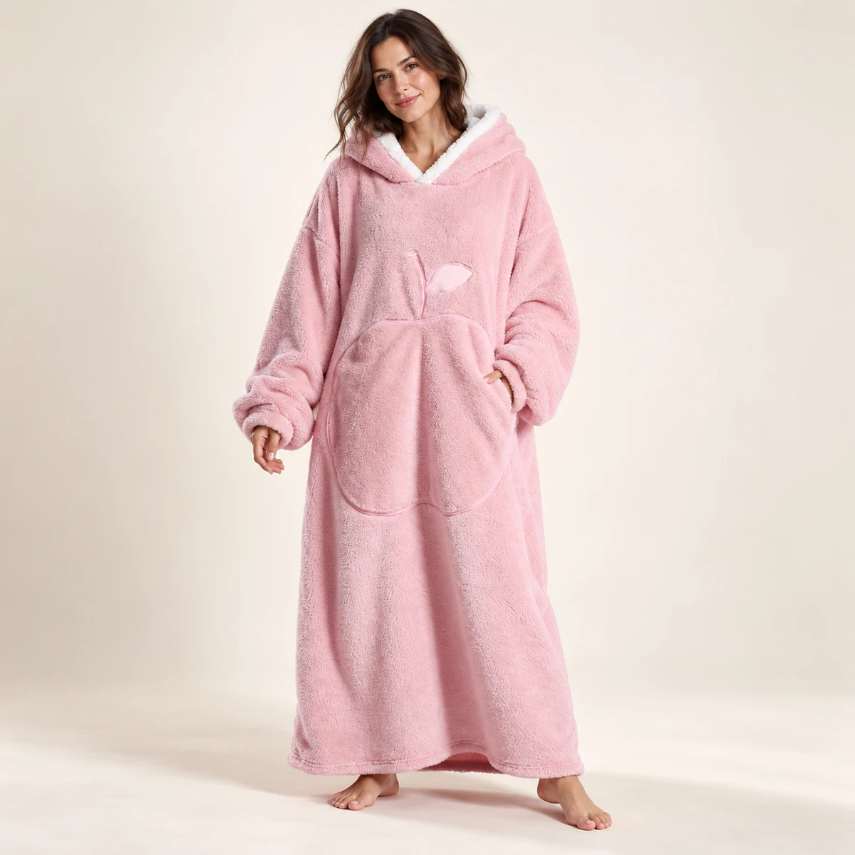 LongLounge extra long blanket hoodie in blush pink — full length front view
