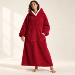 LongLounge extra long blanket hoodie in burgundy — full length front view