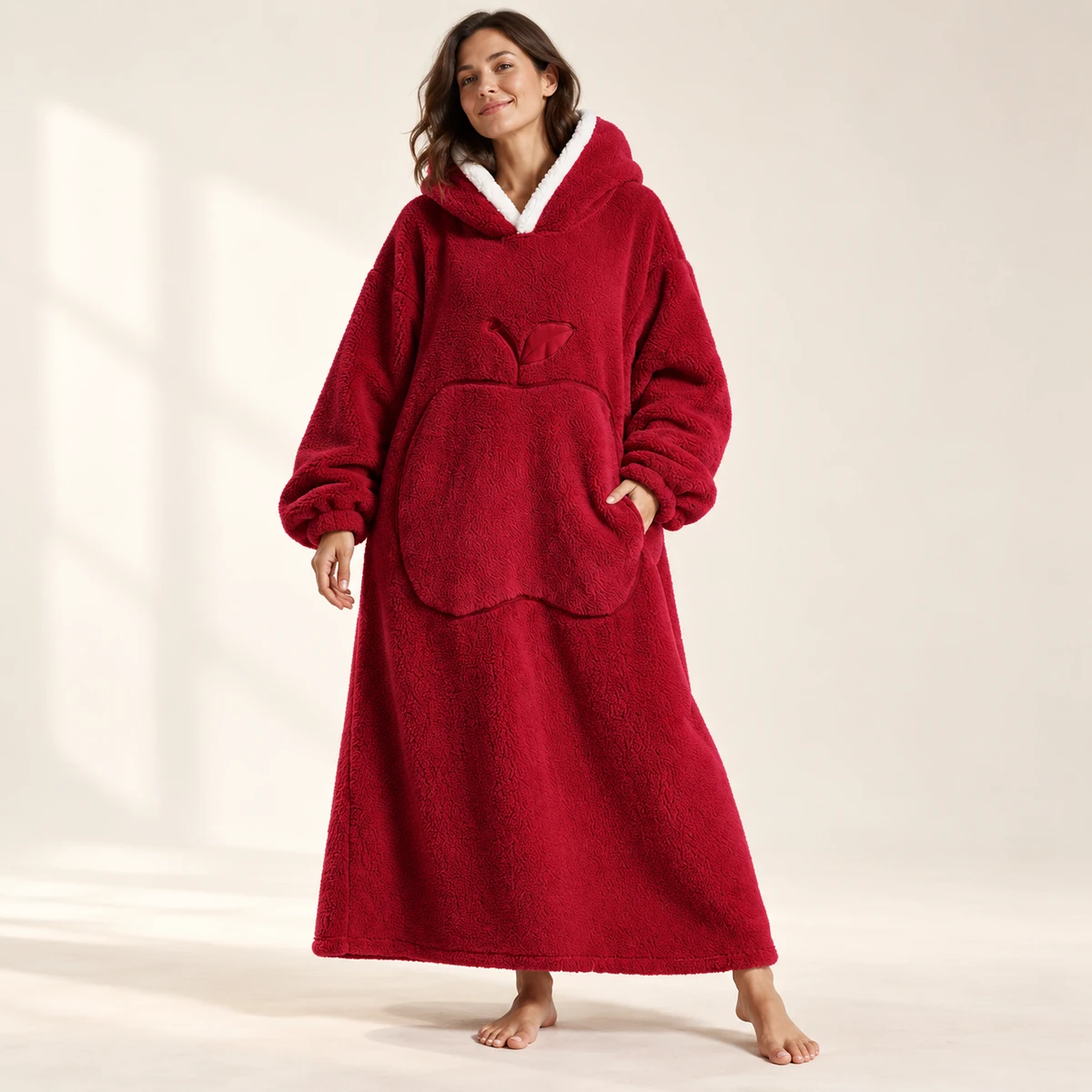 LongLounge extra long blanket hoodie in burgundy — full length front view