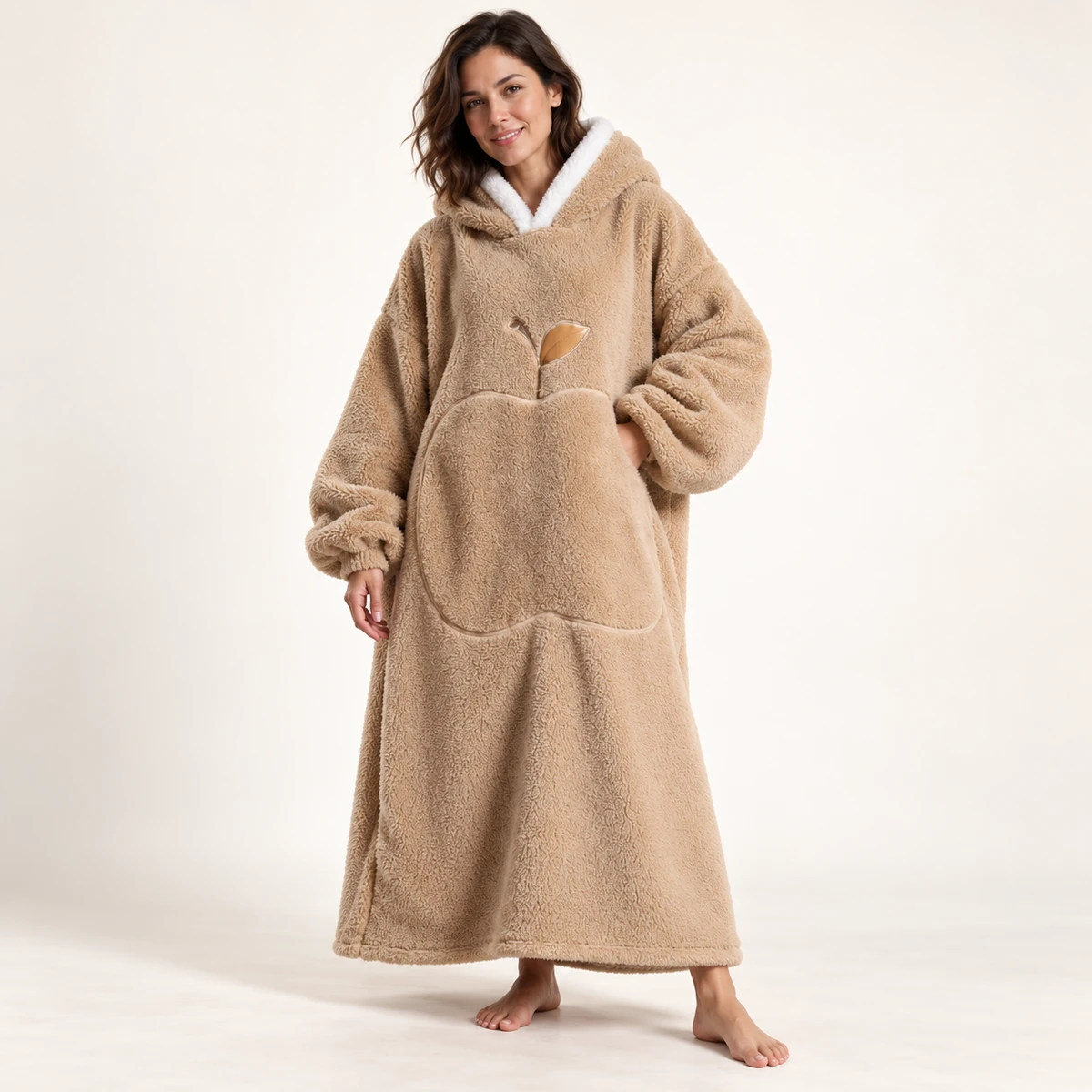 LongLounge extra long blanket hoodie in camel — full length front view
