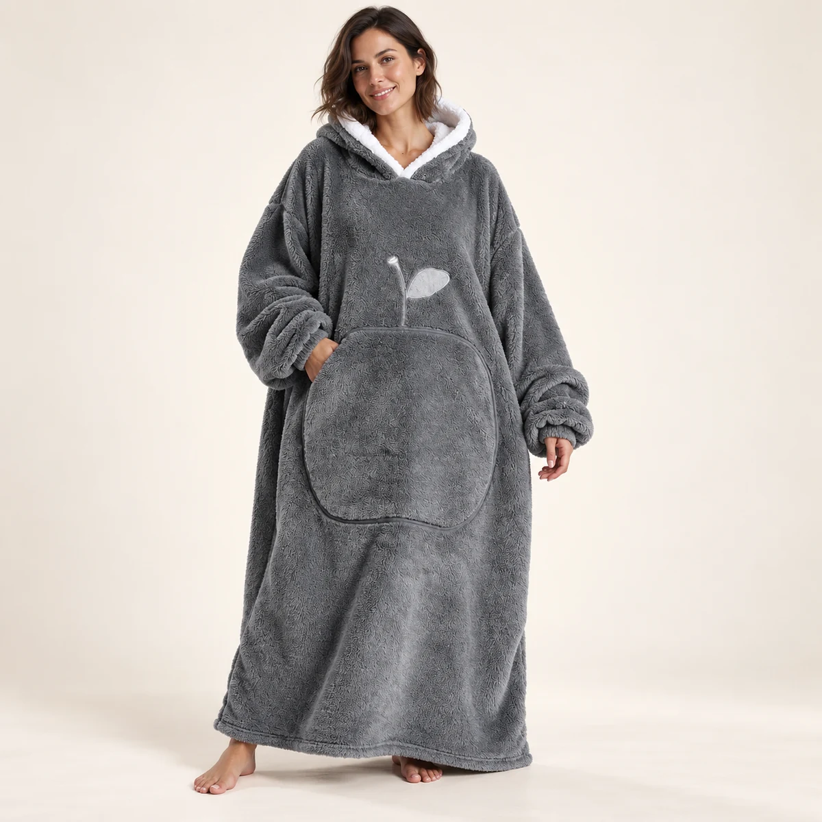 LongLounge extra long blanket hoodie in charcoal grey — full length front view