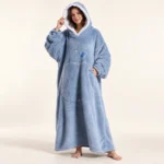 LongLounge extra long blanket hoodie in dusty blue — full length front view