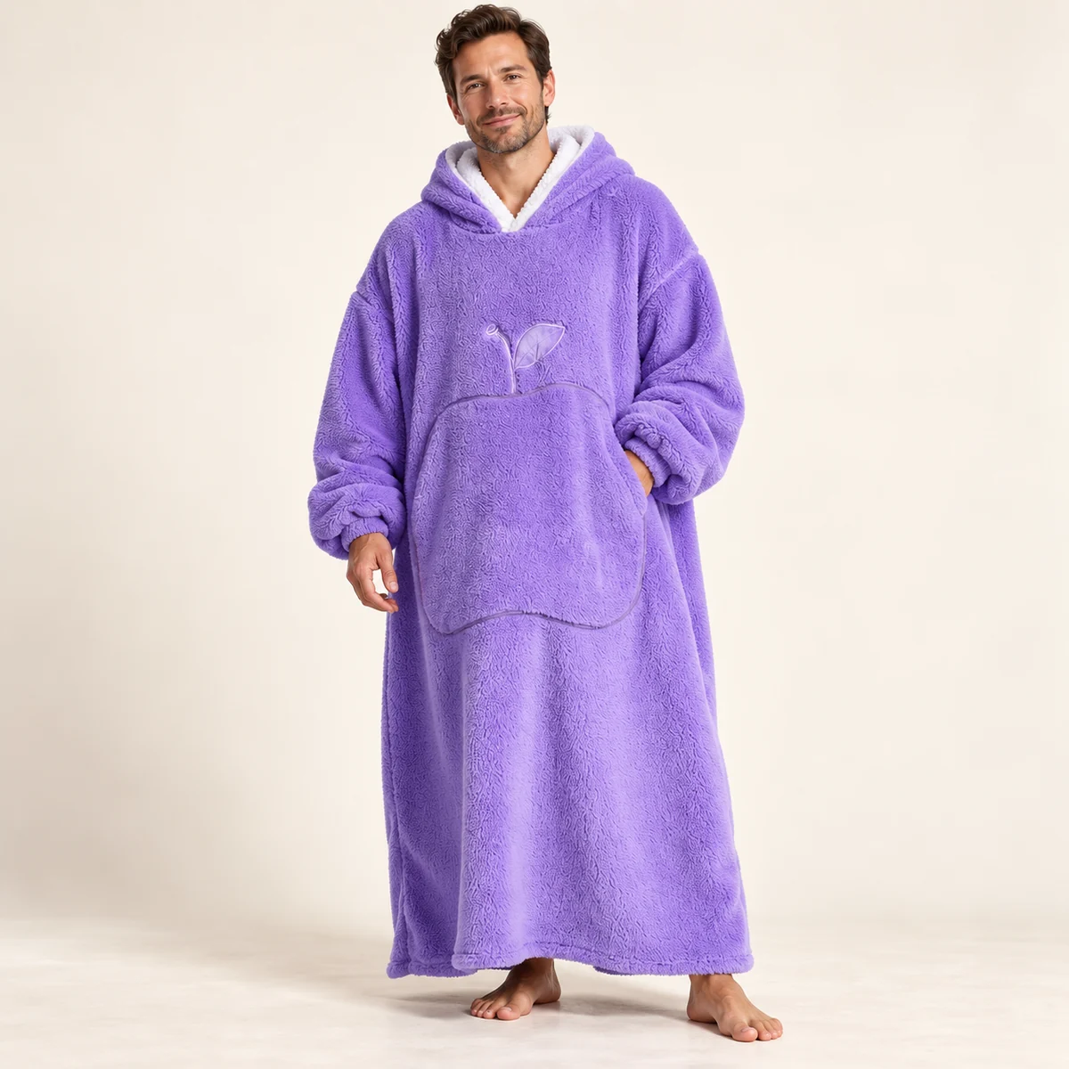 LongLounge extra long blanket hoodie in lavender — full length front view