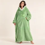 LongLounge extra long blanket hoodie in light green — full length front view