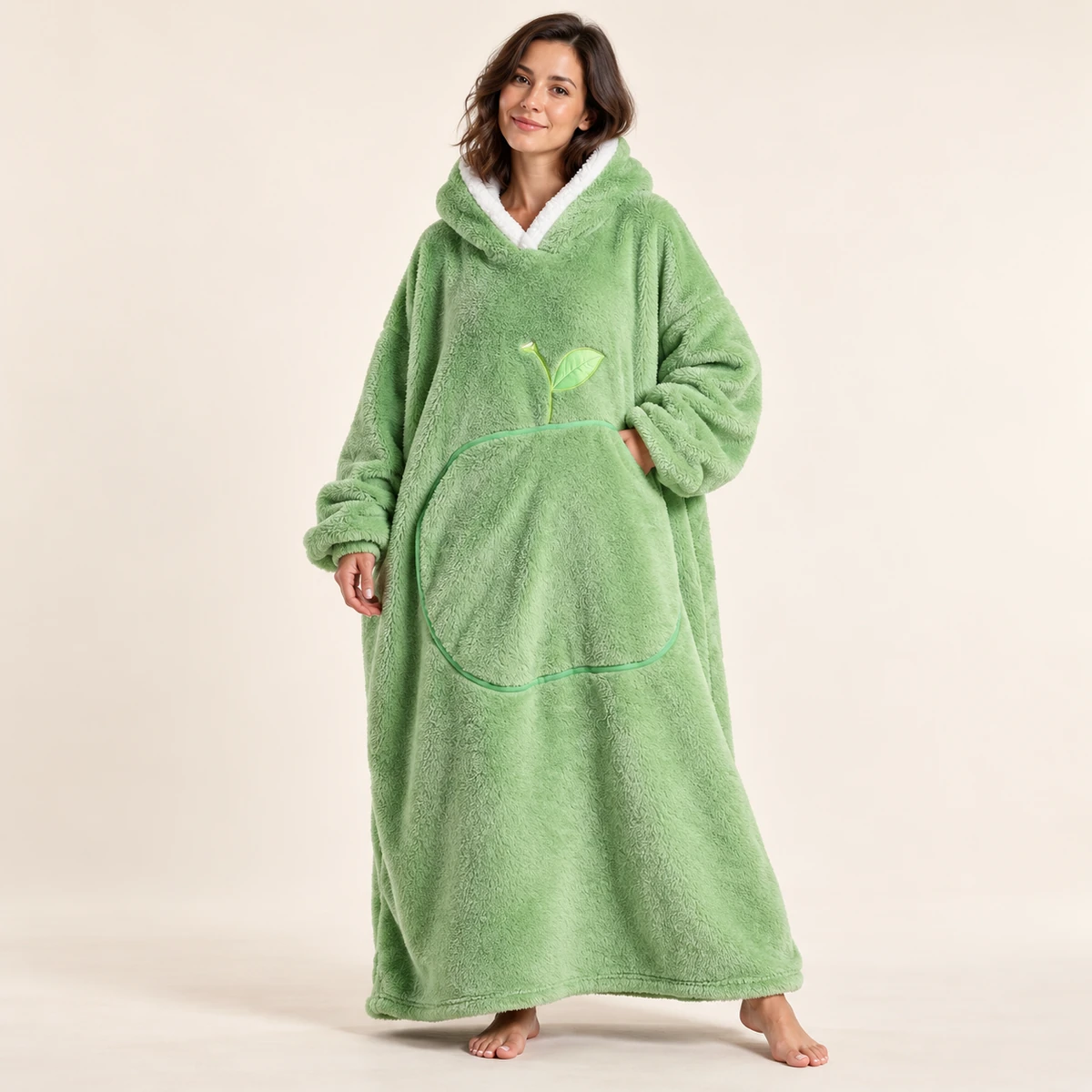 LongLounge extra long blanket hoodie in light green — full length front view