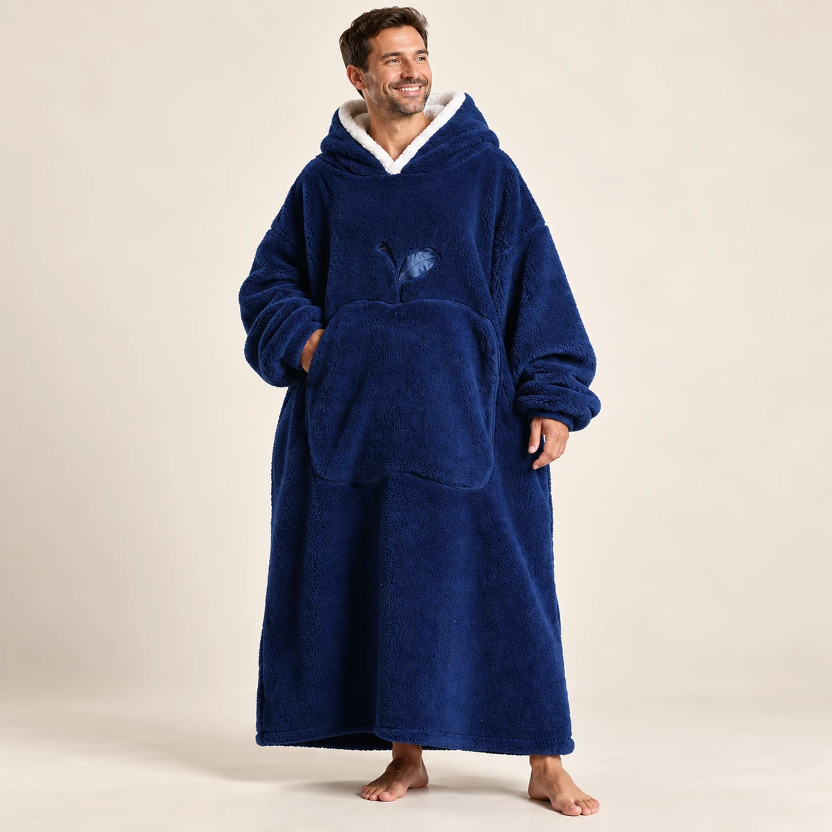 LongLounge extra long blanket hoodie in navy blue — full length front view