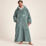 LongLounge extra long blanket hoodie in sage green — full length front view