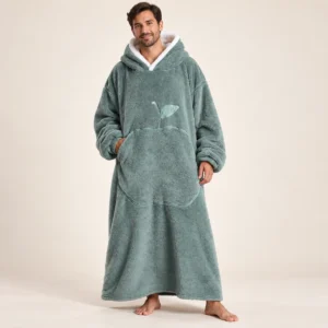 LongLounge extra long blanket hoodie in sage green — full length front view