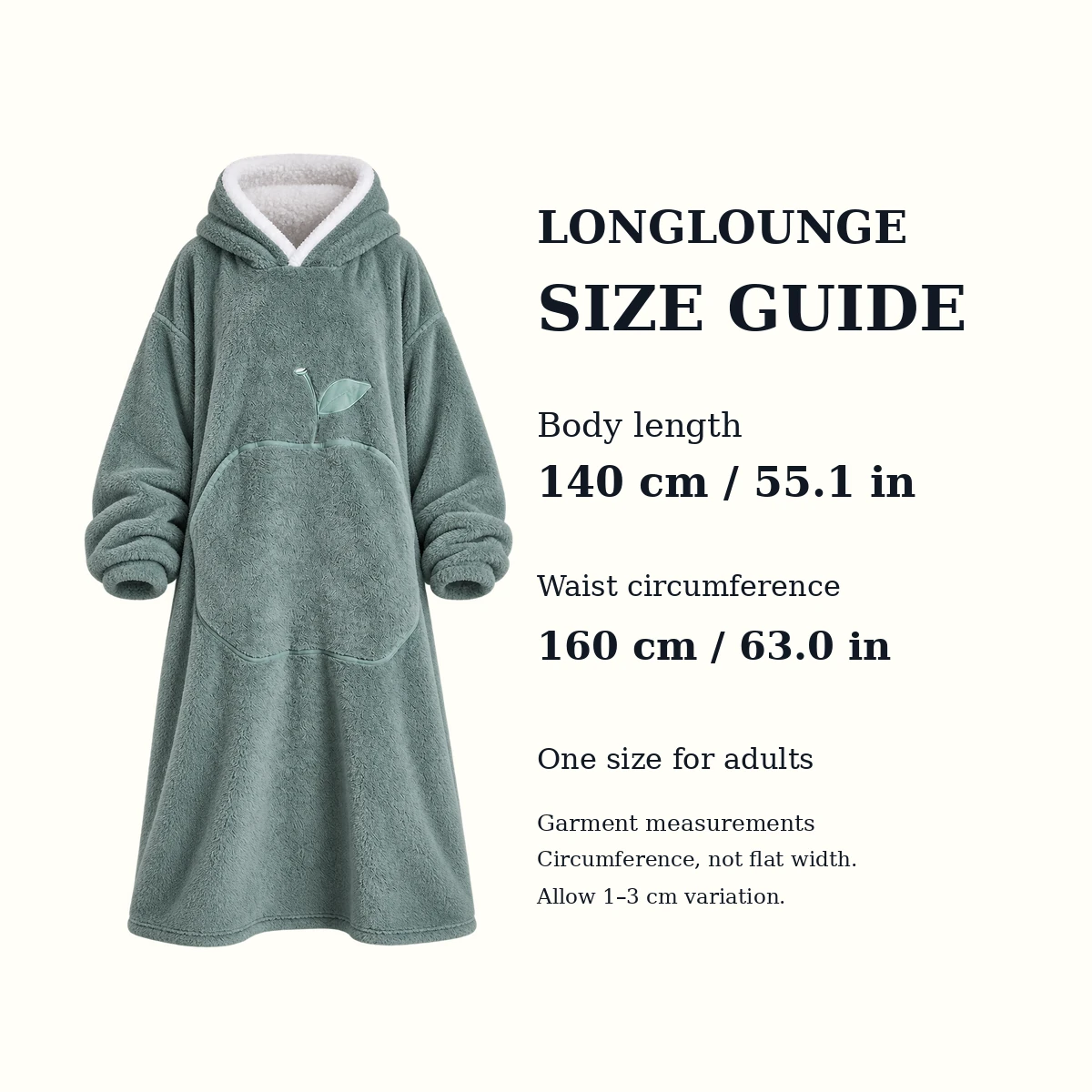 LongLounge size guide — 140 cm body length and 160 cm garment waist circumference