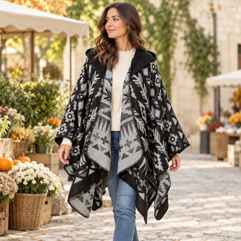 Woman wearing the black and grey geometric Mexican Shadow Black poncho at an autumn market