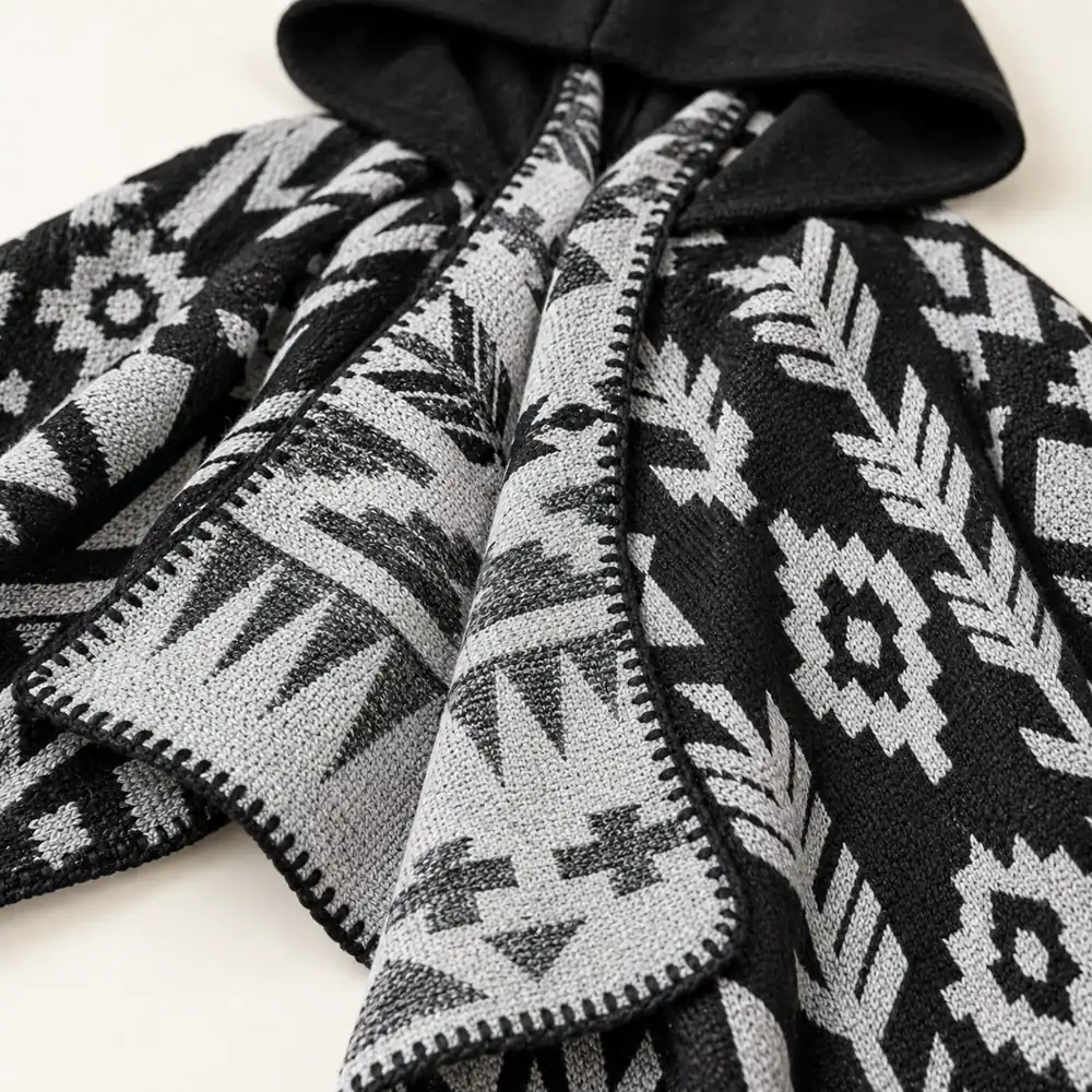 Black and grey geometric knit and stitched edge of the Mexican Shadow Black poncho