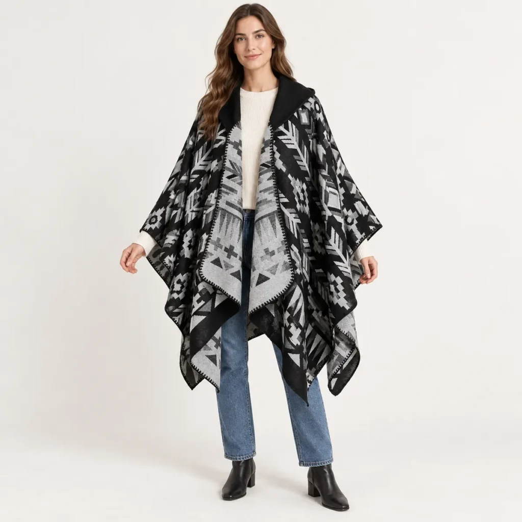 Open-front drape and relaxed fit of the Mexican Shadow Black hooded poncho