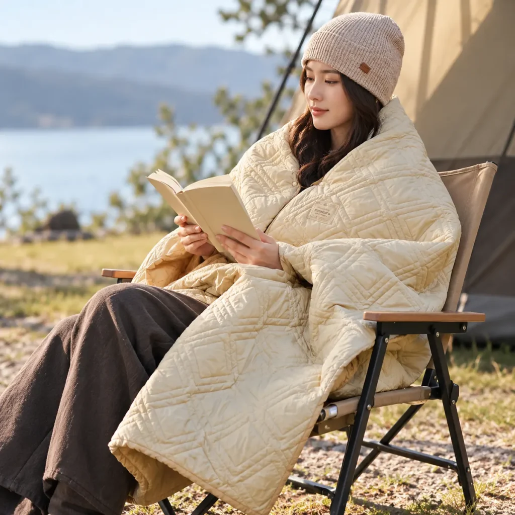 Naturehike quilted blanket fastened as a shawl at a dry campsite