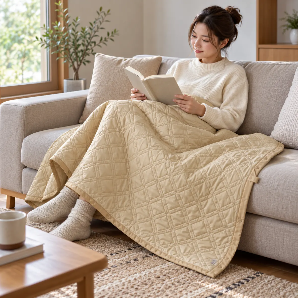 Naturehike khaki quilted nylon heated blanket draped over an adult's lap indoors