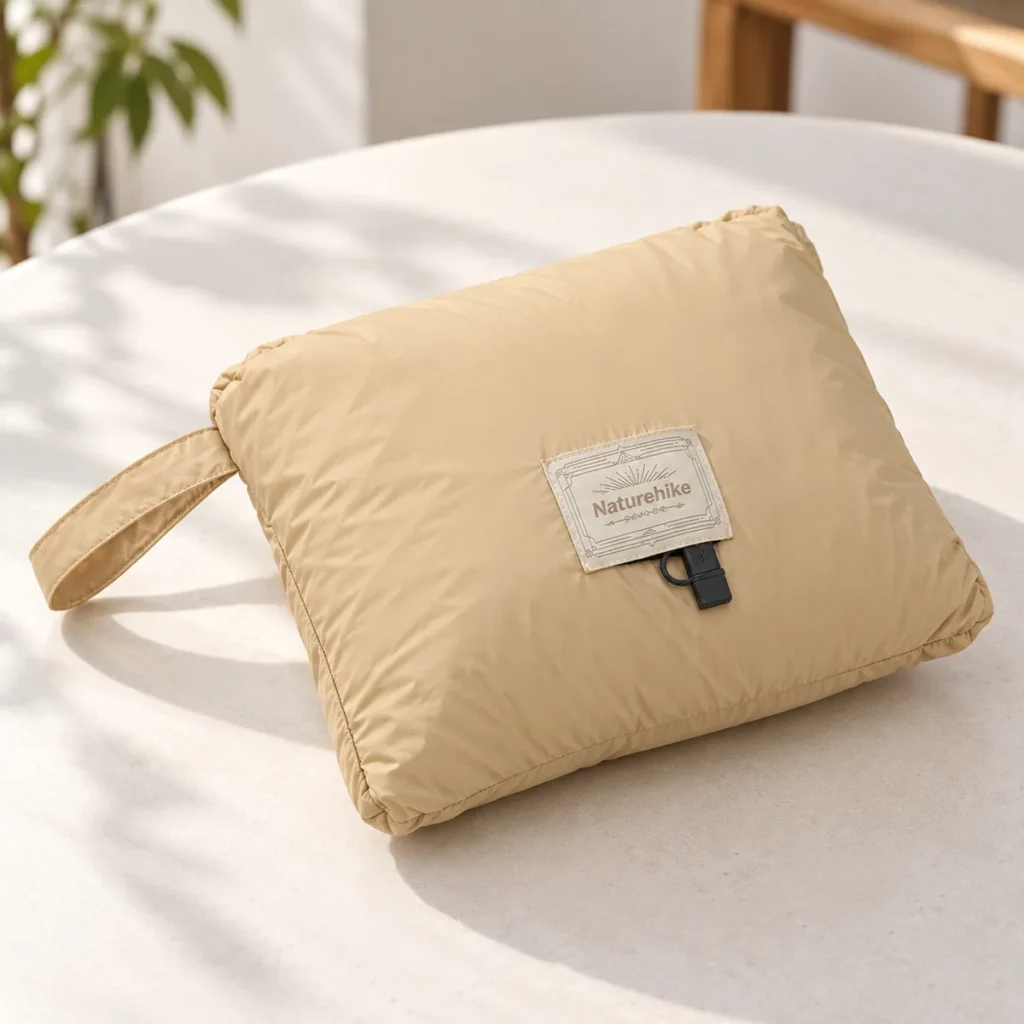Naturehike camping blanket folded into its integrated storage pocket with carry handle