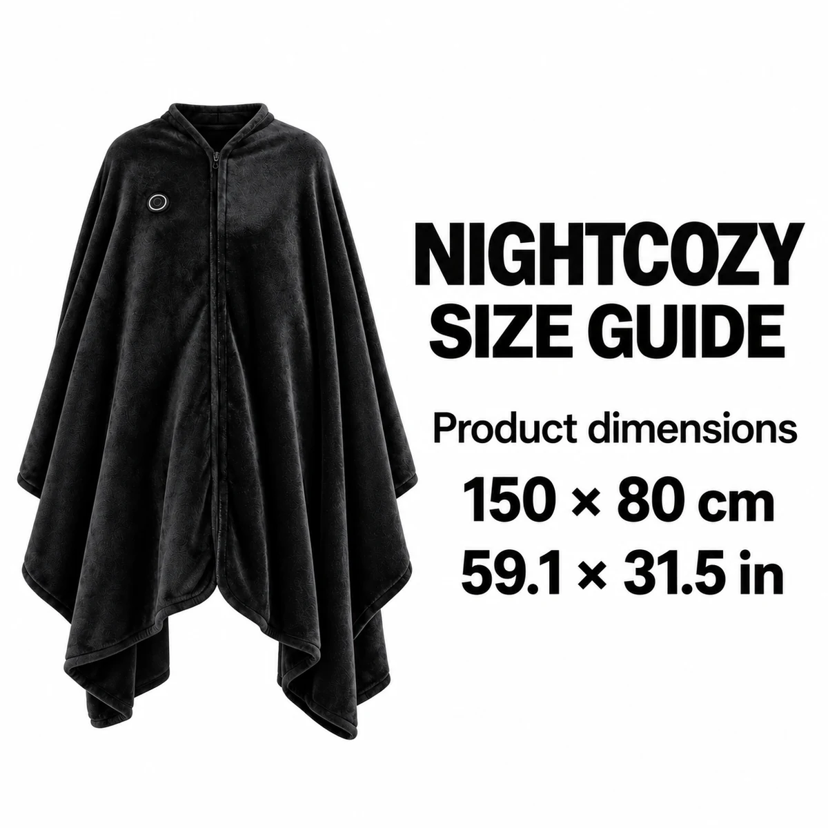 NightCozy black heated blanket cape – Size guide – 150 × 80 cm