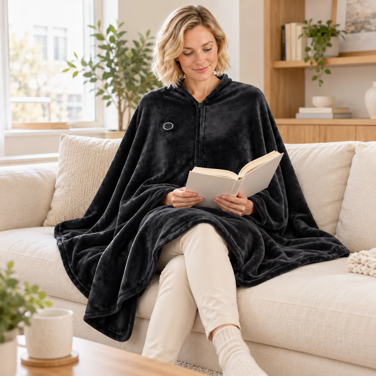 NightCozy black heated blanket cape – Reading on the sofa