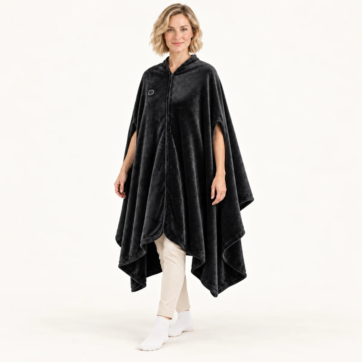 NightCozy black heated blanket cape – Three-quarter view