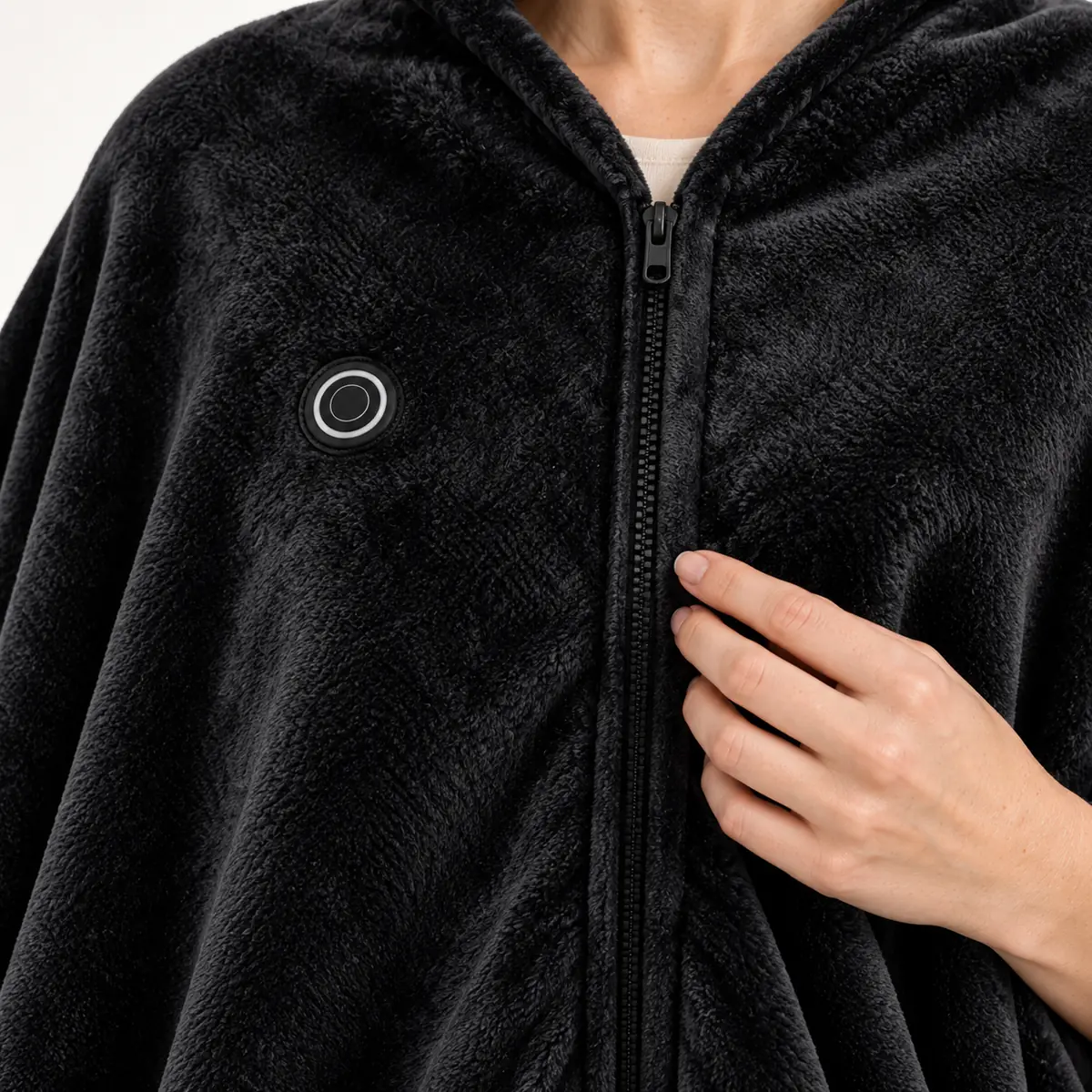 NightCozy black heated blanket cape – Fleece, zip and control detail