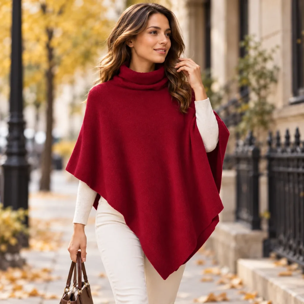 poncho cashmere burgundy chic lifestyle