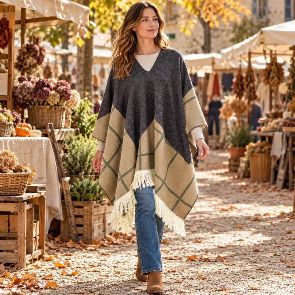 Charcoal Desert patterned poncho worn outdoors