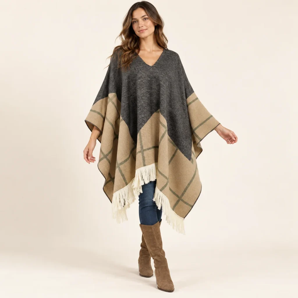 Charcoal Desert poncho showing its fit and drape